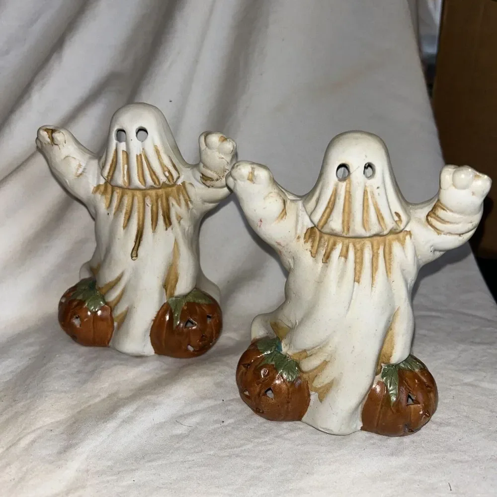 2 Hermitage Pottery Ghost w/‎ Pumpkins Votive Tea Light Holder Halloween Decor